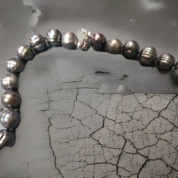 Genuine Natural Freshwater Black Pearl Jewelry Necklace 16 In STERLING CLASP - Picture 2 of 3